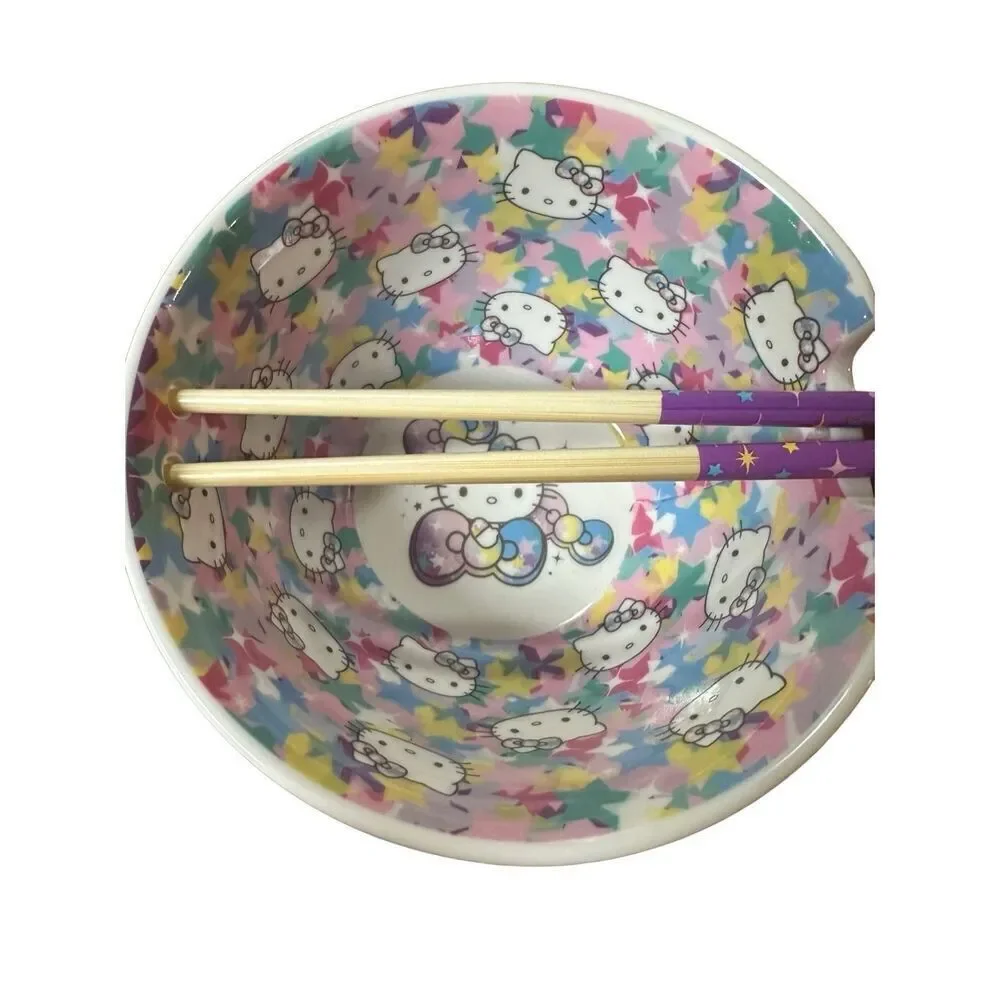 HELLO KITTY Ramen Noodle Pasta Bowl W/ Chopsticks Hello Kitty Rainbow St…‎